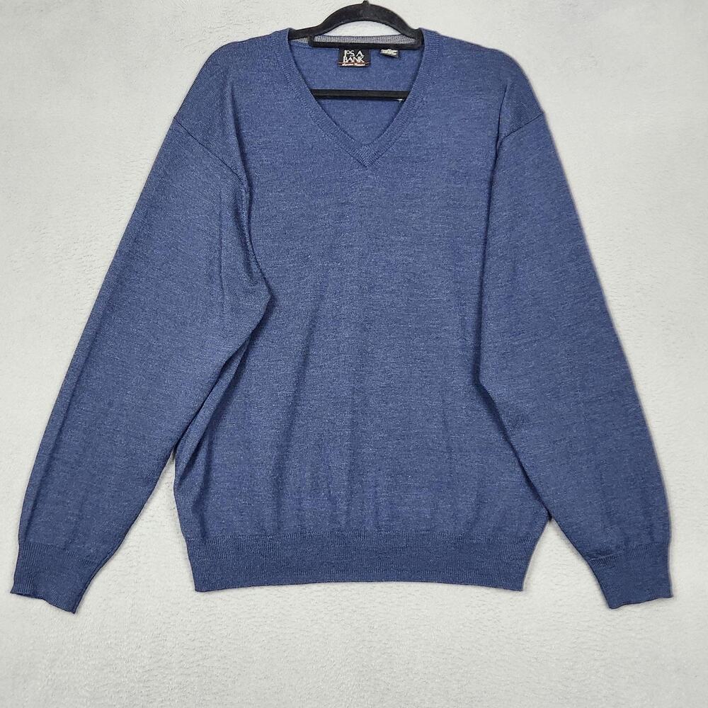 Jos A Bank Sweater Mens XL Blue 100% Merino Wool V Neck Knit Pullover Classic